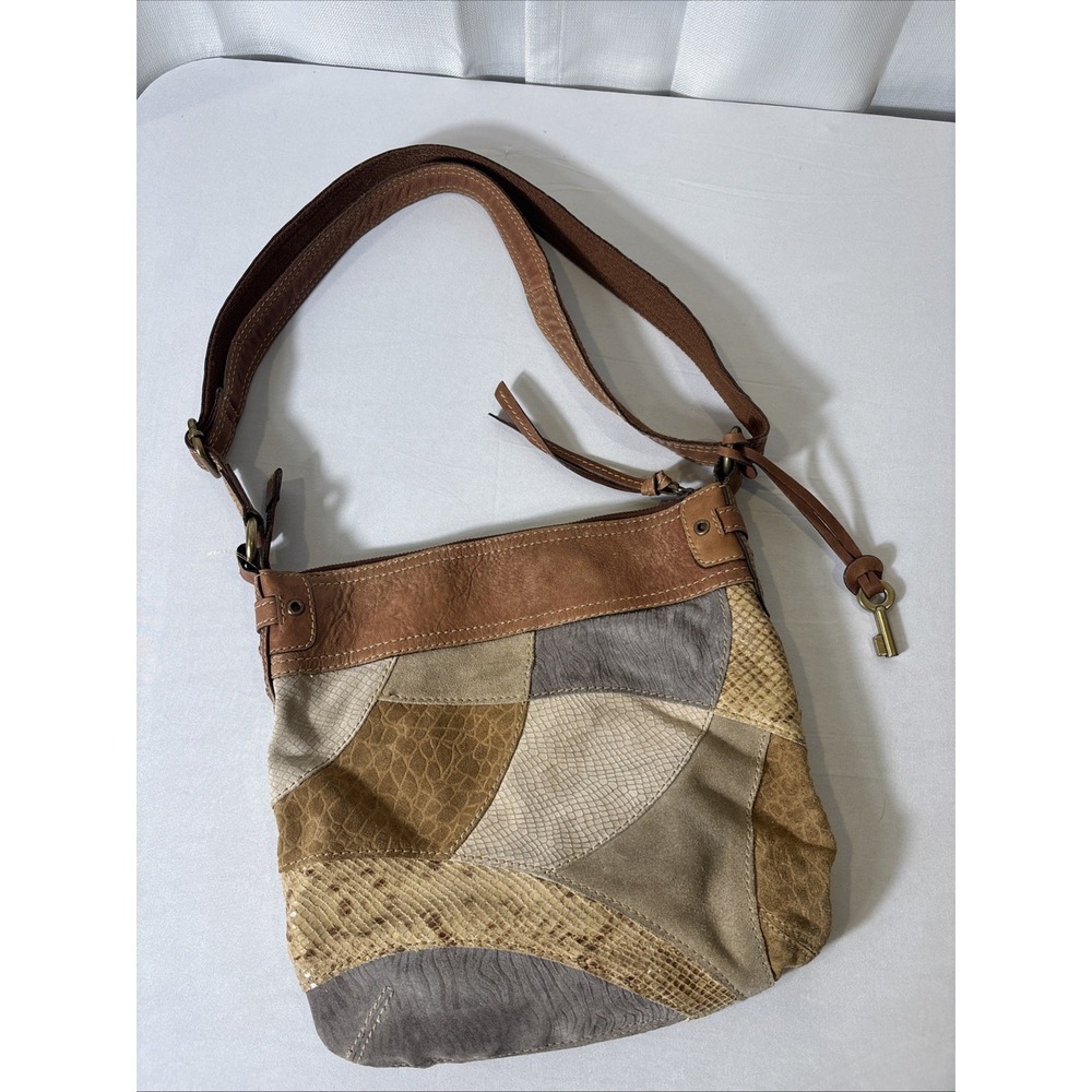 VTG Fossil Suede/Leather Snake Patchwork Shoulder Crossbody HOBO Bag Purse‎ BOHO